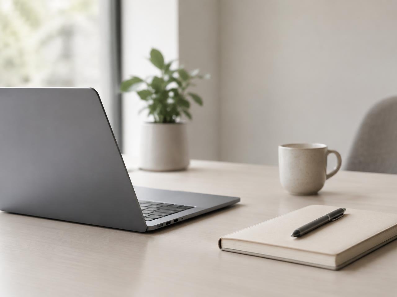 A calm, minimal workspace with a laptop and notebook