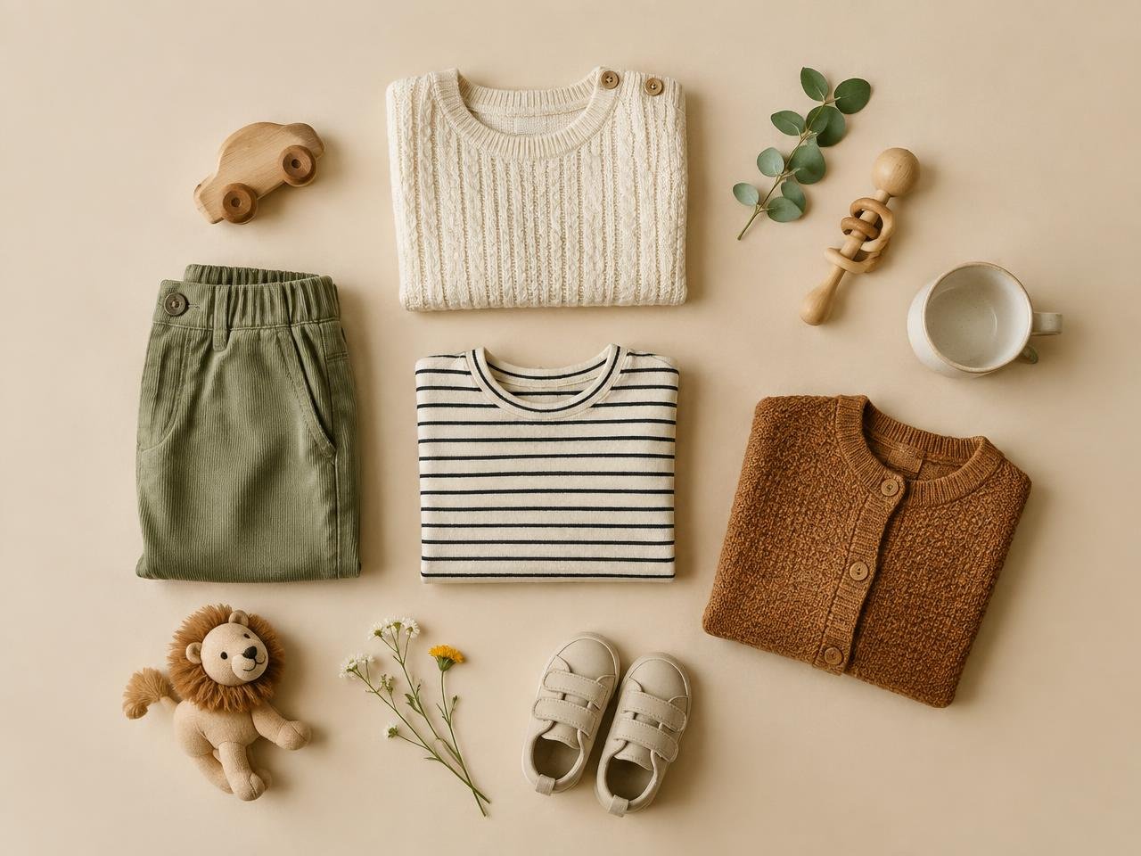 Clothing, a toy and lifestyle products arranged on a neutral background